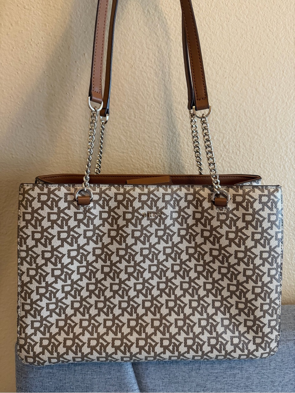 DKNY Brown & Cream Monogram Tote with Chain-Strap Detail
